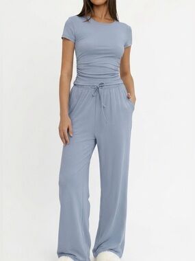 Light Blue Lounge Set - Short Sleeve Top & Wide Leg Pants